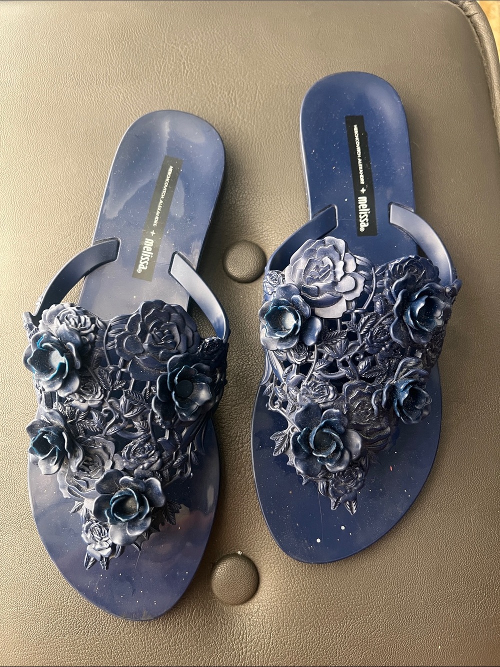 Melissa Navy Floral Jelly Slide Sandals with 3D Roses